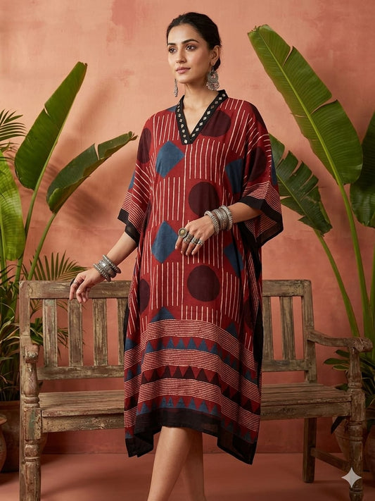 Pure Modal Silk Hand block Printed Kaftans Stitched suit With Hand Mirror Work