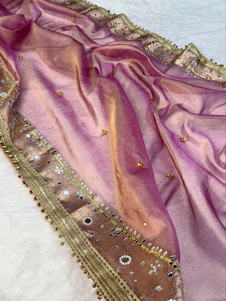 Premium Banarasi Tissue Zari Weaving Saree with Ghungroo Handwork Border