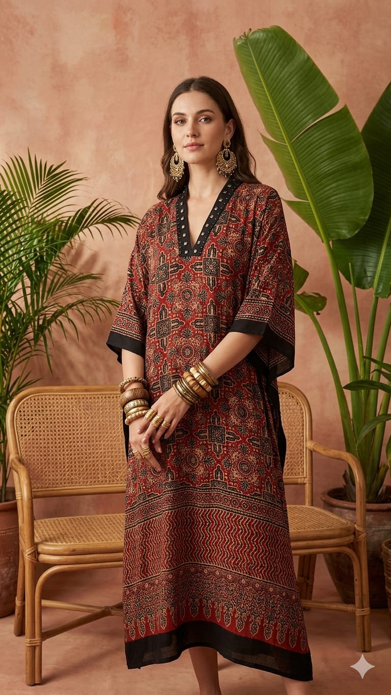 Pure Modal Silk Hand block Printed Kaftans Stitched suit With Hand Mirror Work