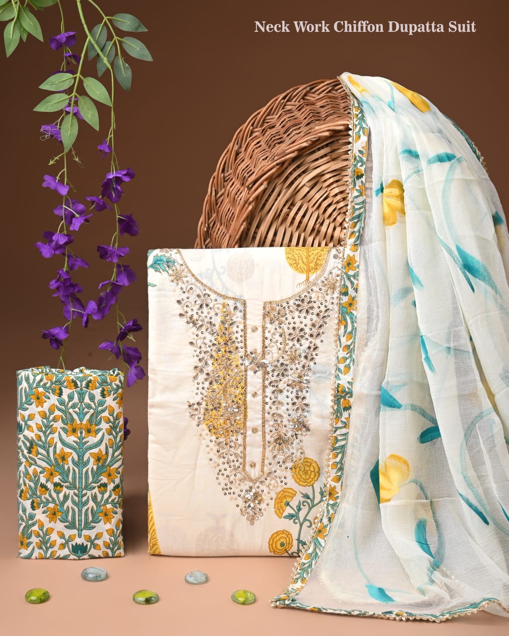 Designer gota patti hand work cotton  unstitched suit with chiffon   dupatta