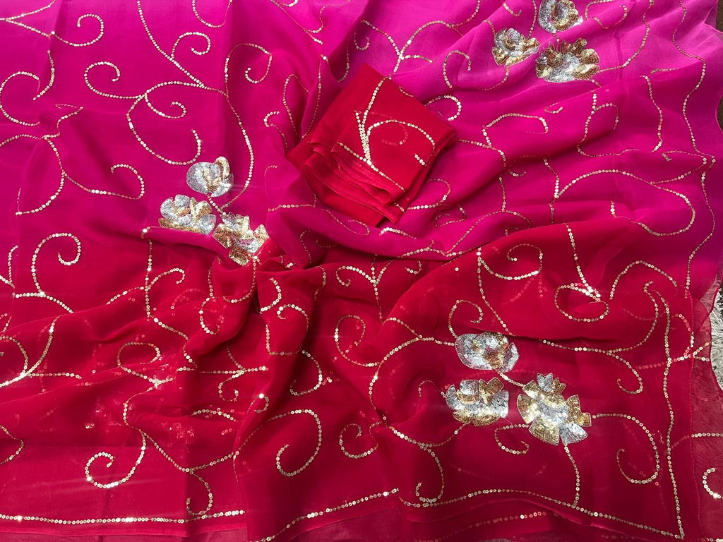 Pure Jaipuri Chiffon Jaal Work Saree With Blouse