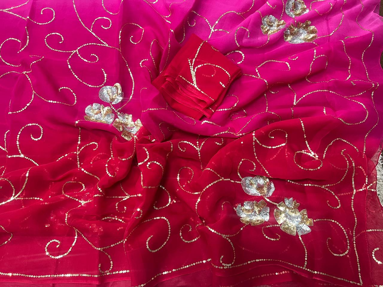 Pure Jaipuri Chiffon Jaal Work Saree With Blouse