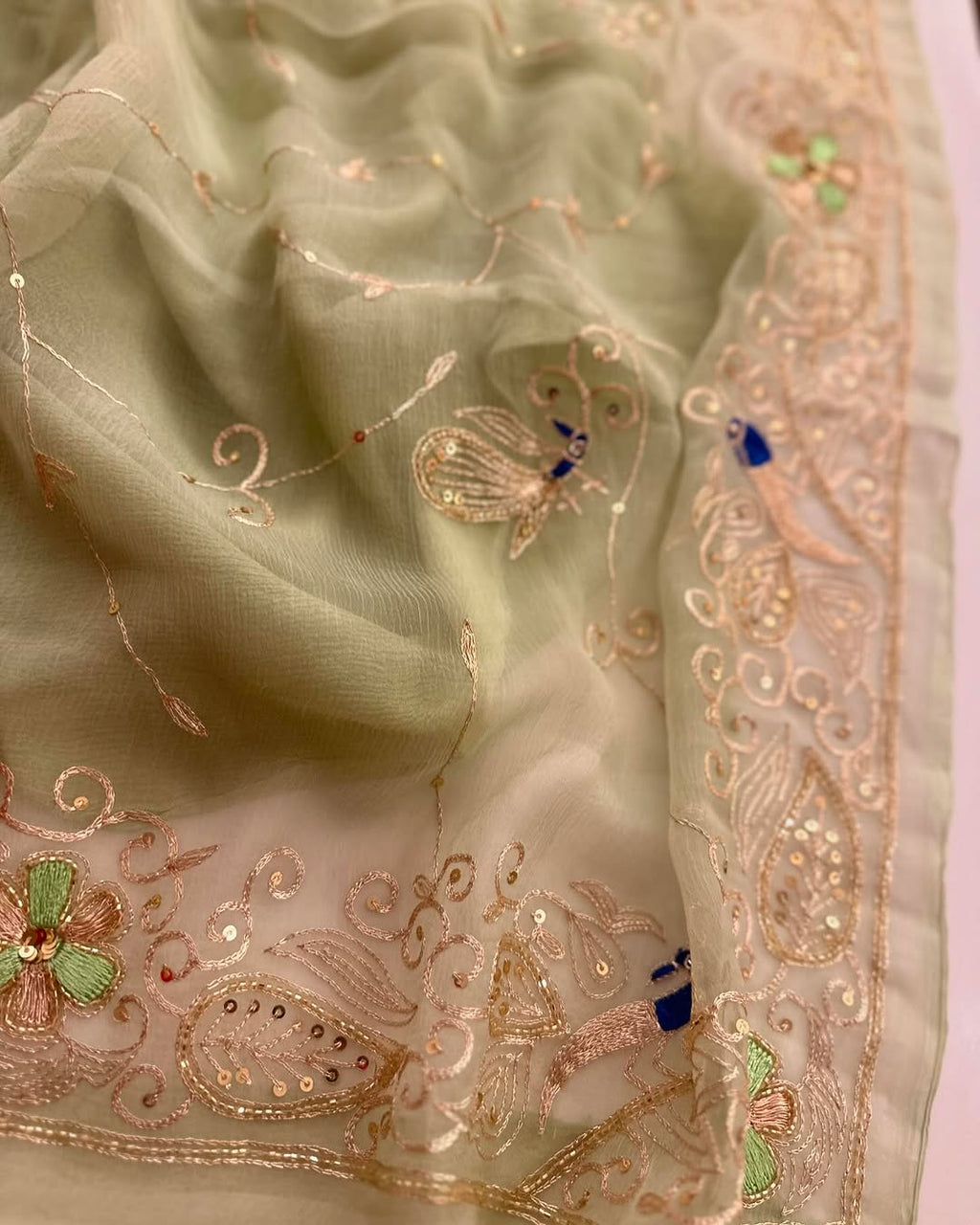 Pure Jaipuri Chiffon Jaal Work Saree With Beautiful Rajputi look and Running Blouse