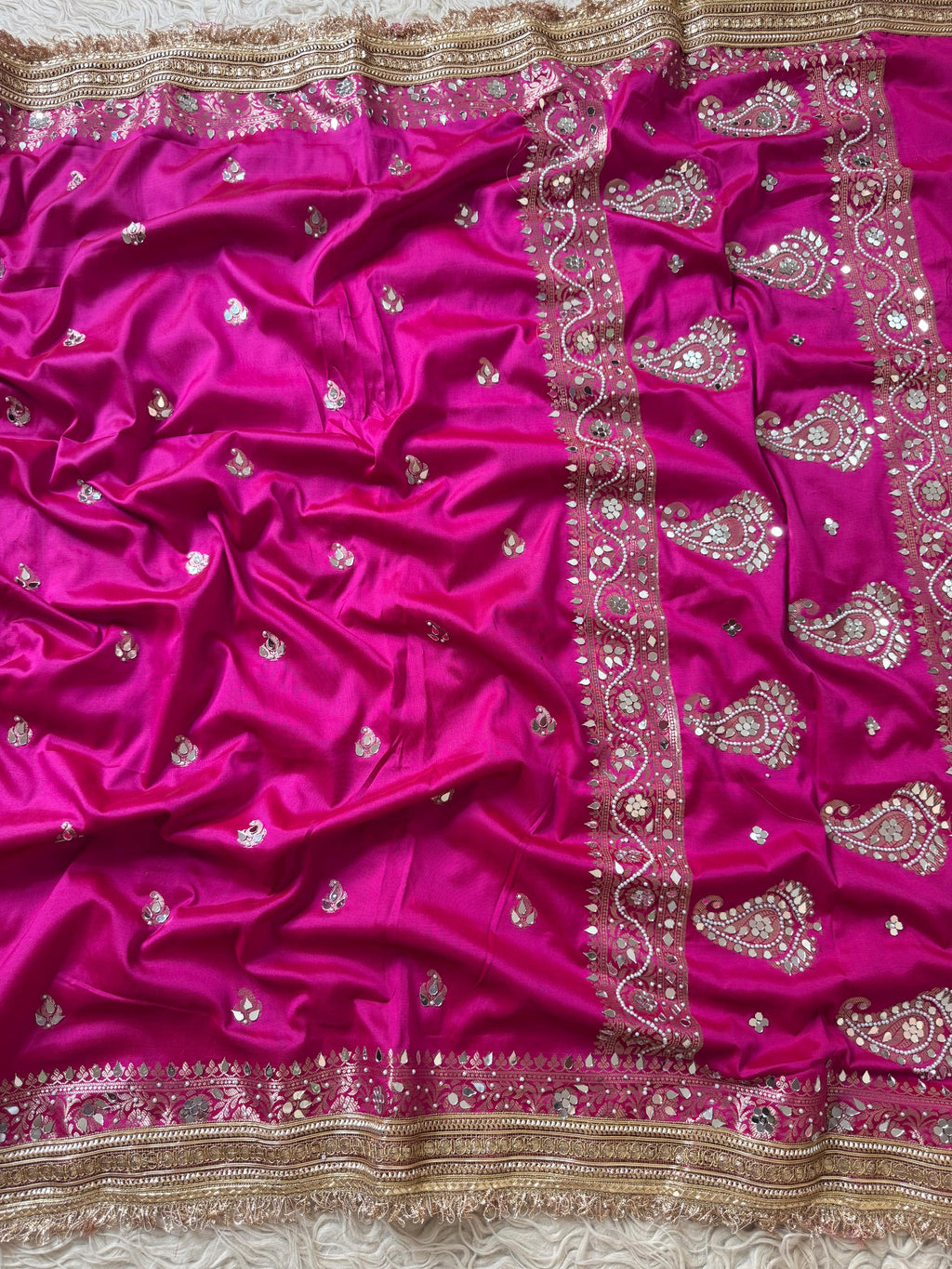 Banarasi Katan Mirror Work Saree With Beautiful Maharani Borders