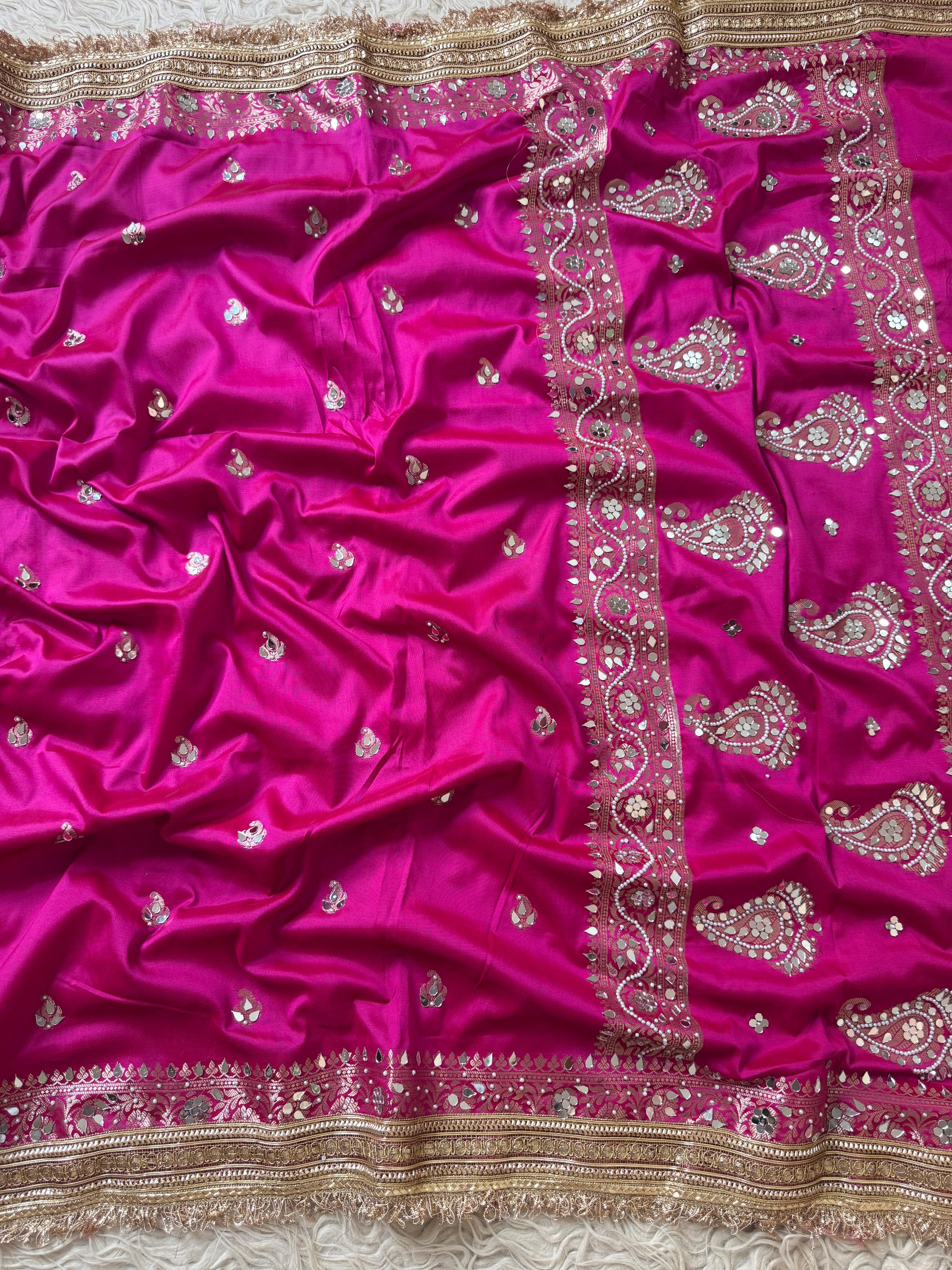Banarasi Katan Mirror Work Saree With Beautiful Maharani Borders