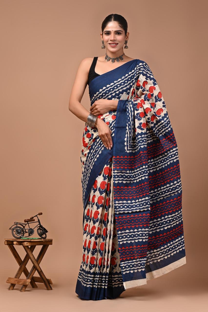 Pure Mulmul Cotton hand block Print Saree with Blouse