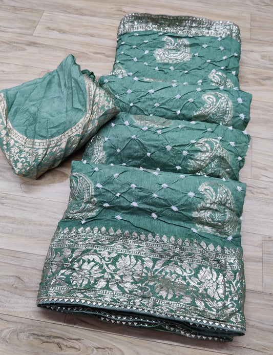 Pure Russian Silk Beautiful Bandhej Pattern Saree