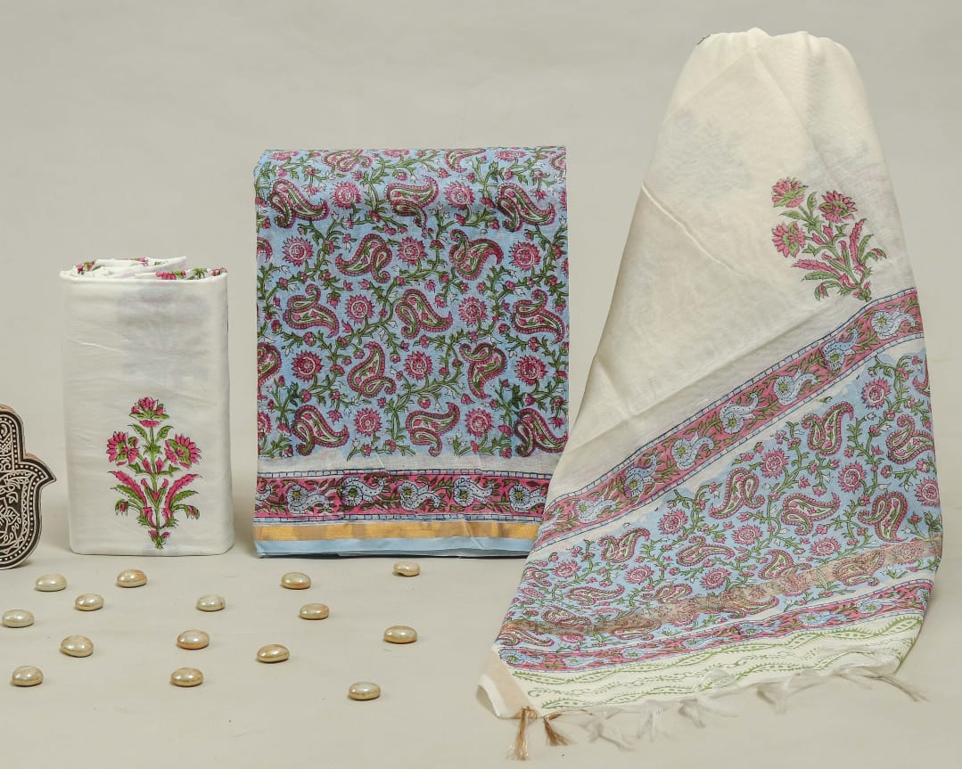 Hand Block Print Chanderi Silk Unstitched Suit
