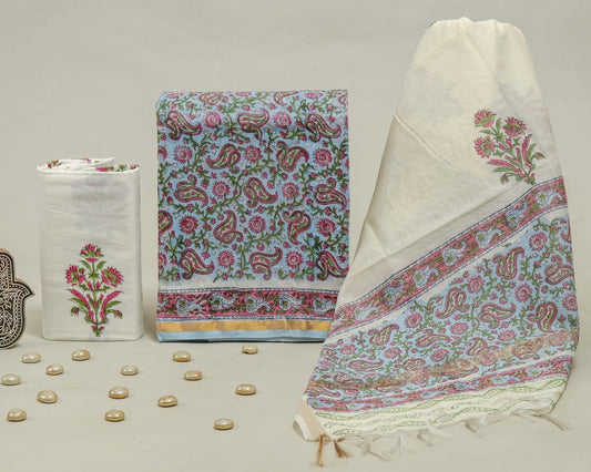 Hand Block Print Chanderi Silk Unstitched Suit