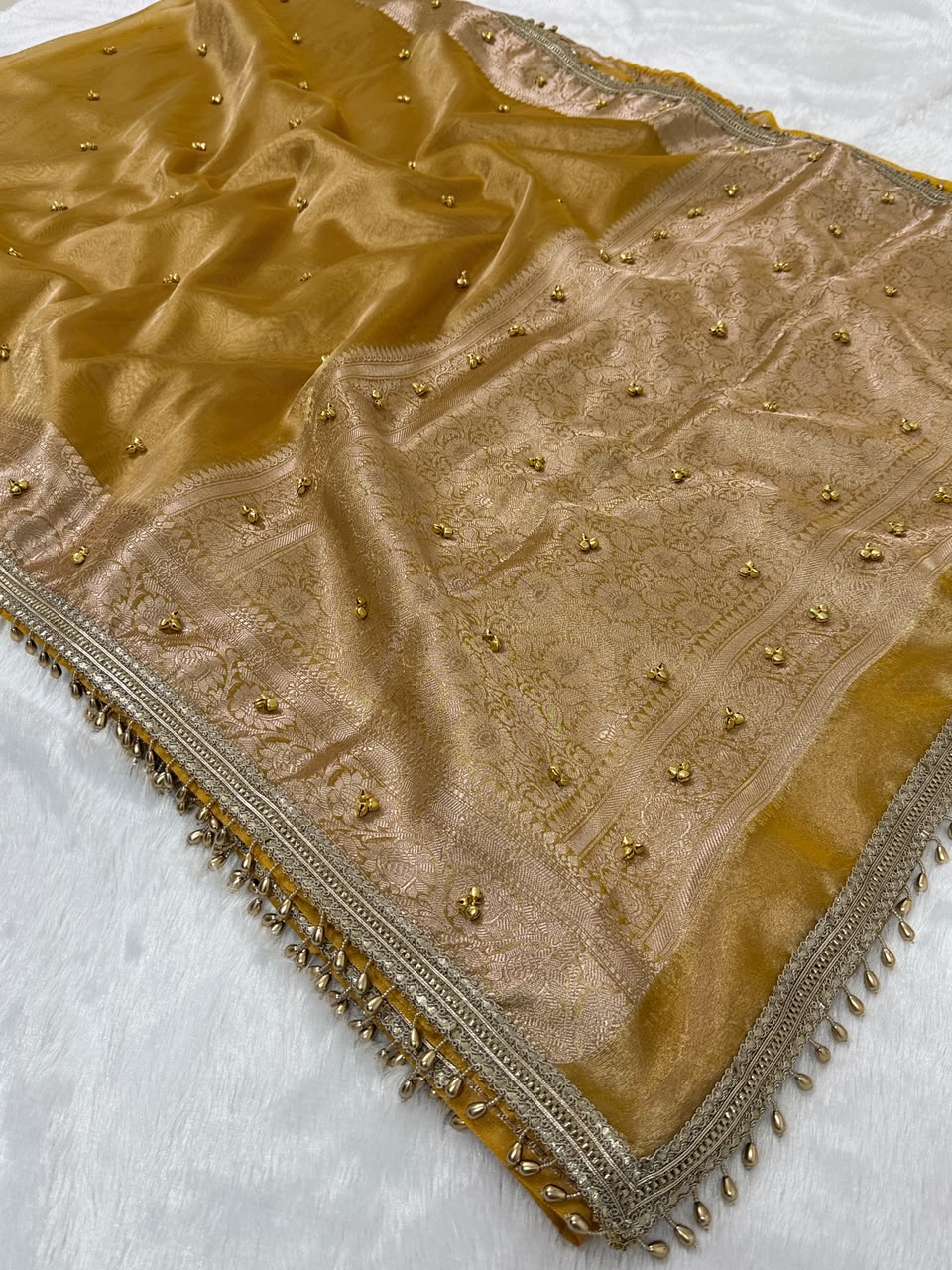 Premium Banarasi Tissue Zari Weaving Saree with Ghungroo Handwork Border
