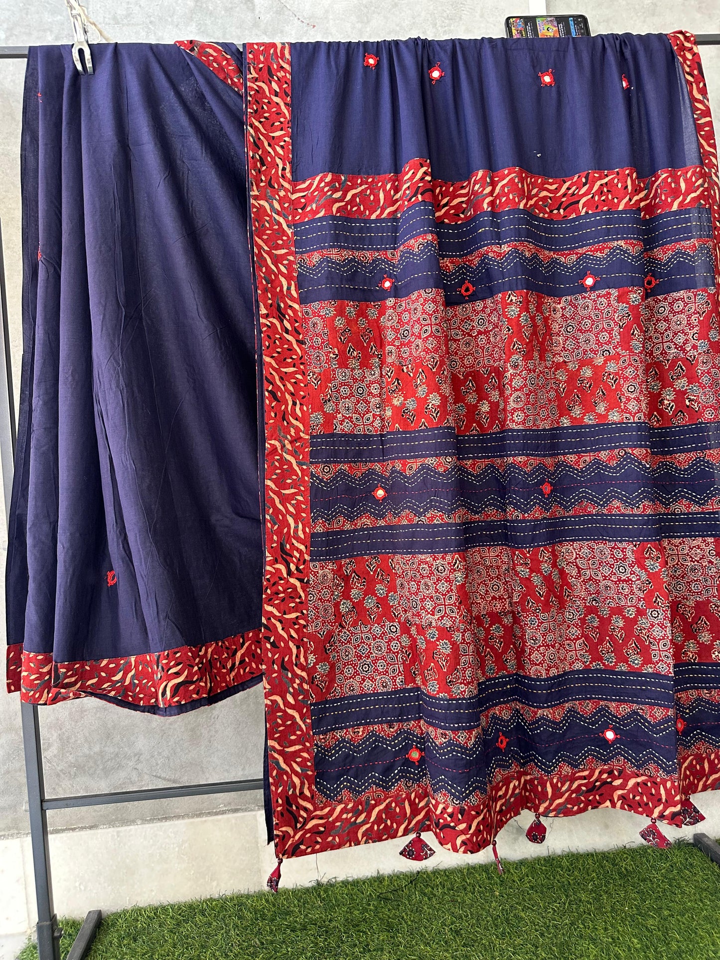 Pure Mul Cotton Saree With Ajrakh Mirror Work