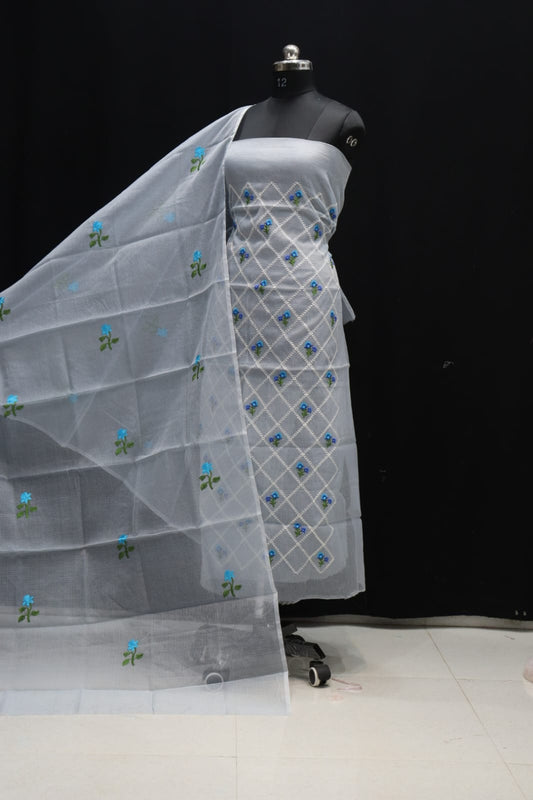 Pure Kota-Doria Unstitched Suit with Embroidery Work