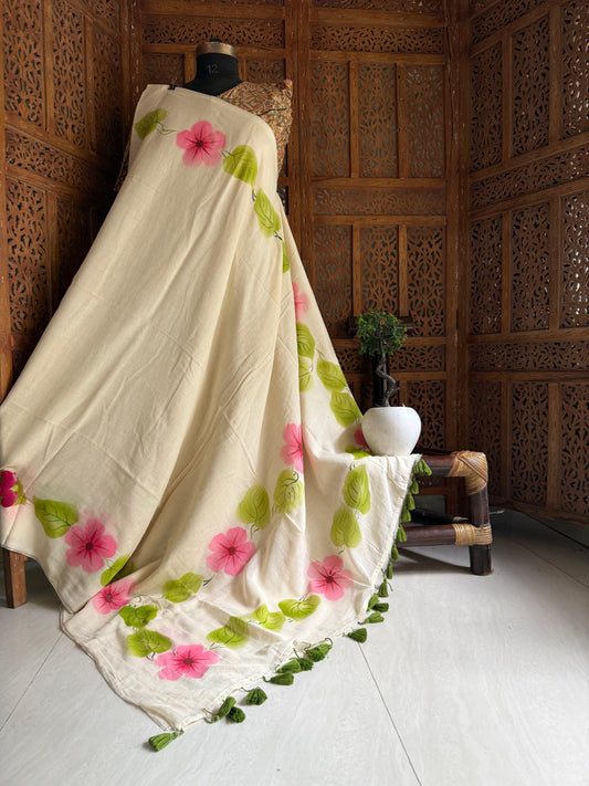 Beautiful Mulmul   Cotton Flowers design Hand Painted Saree