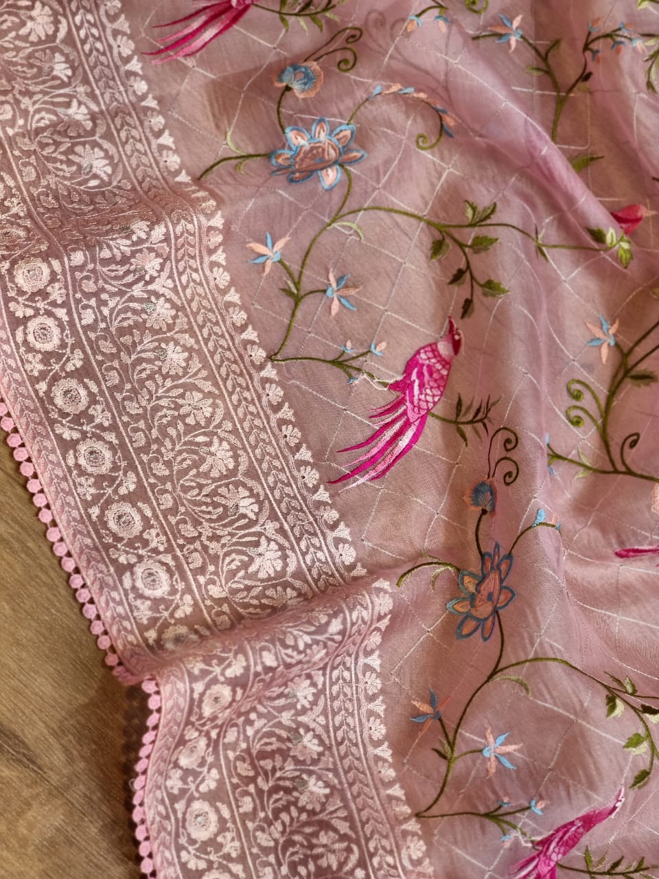Pure Organza Silk  Parsi Embroidery Work Saree With Heavy Blouse