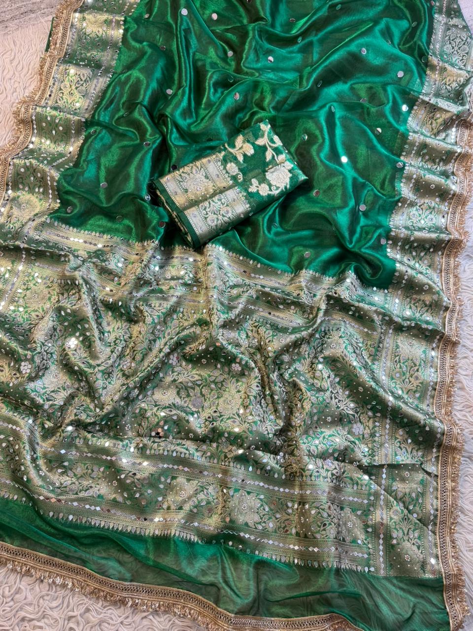 Banarasi Tissue Silk Saree With beautiful  borders with mirror  work