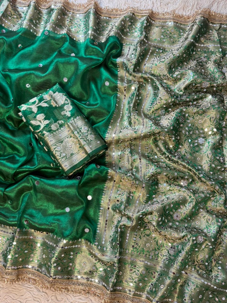 Banarasi Tissue Silk Saree With beautiful  borders with mirror  work