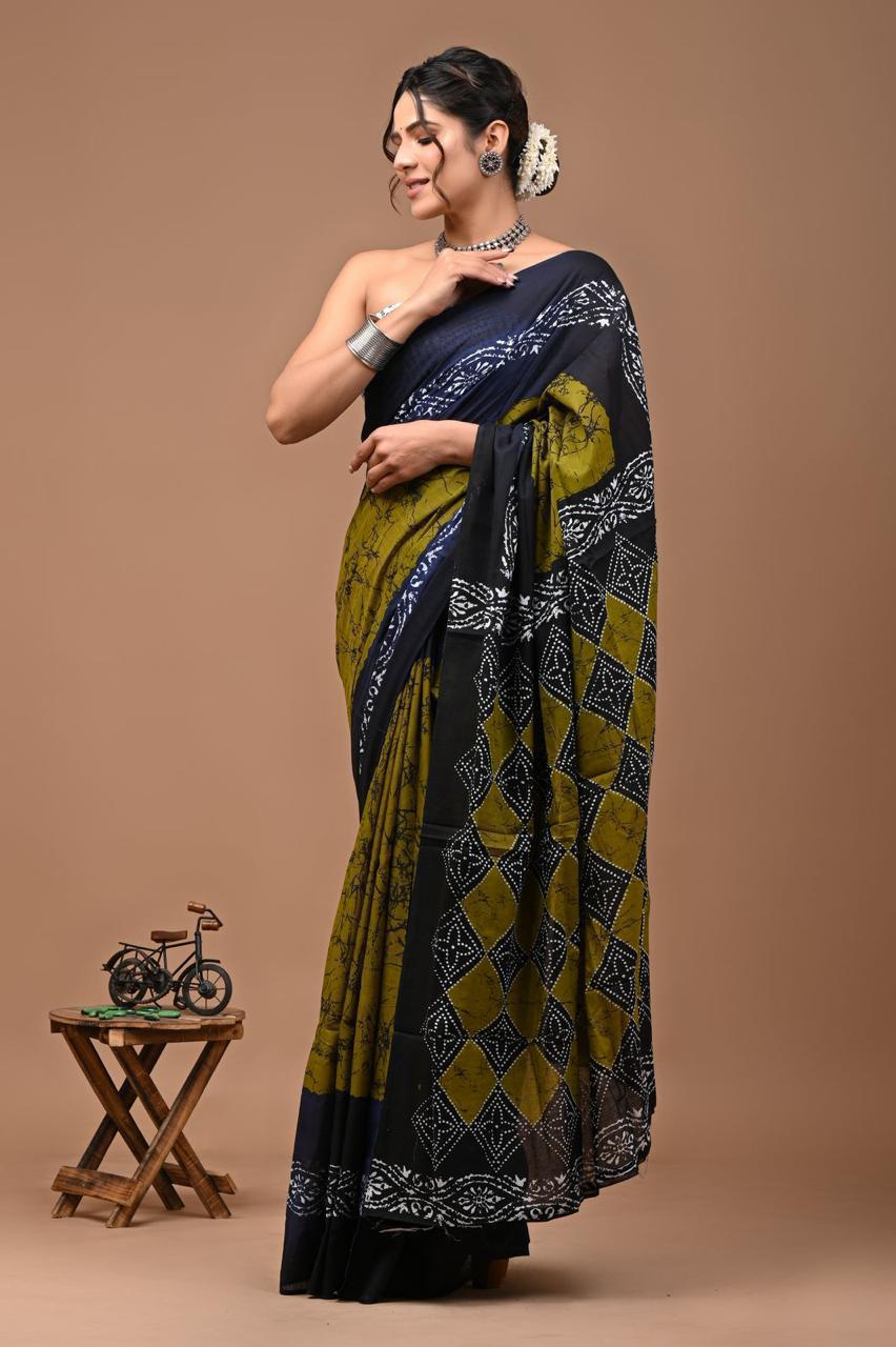 Pure Mulmul Cotton hand block Print Saree with Blouse