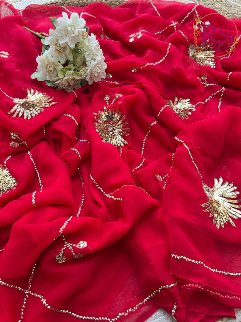 Pure Dimond Chiffon Hand Work Saree With Running Blouse