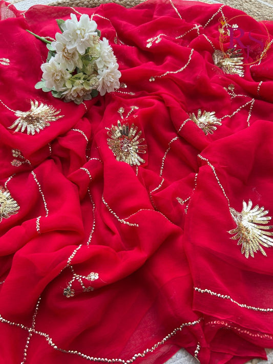 Pure Dimond Chiffon Hand Work Saree With Running Blouse