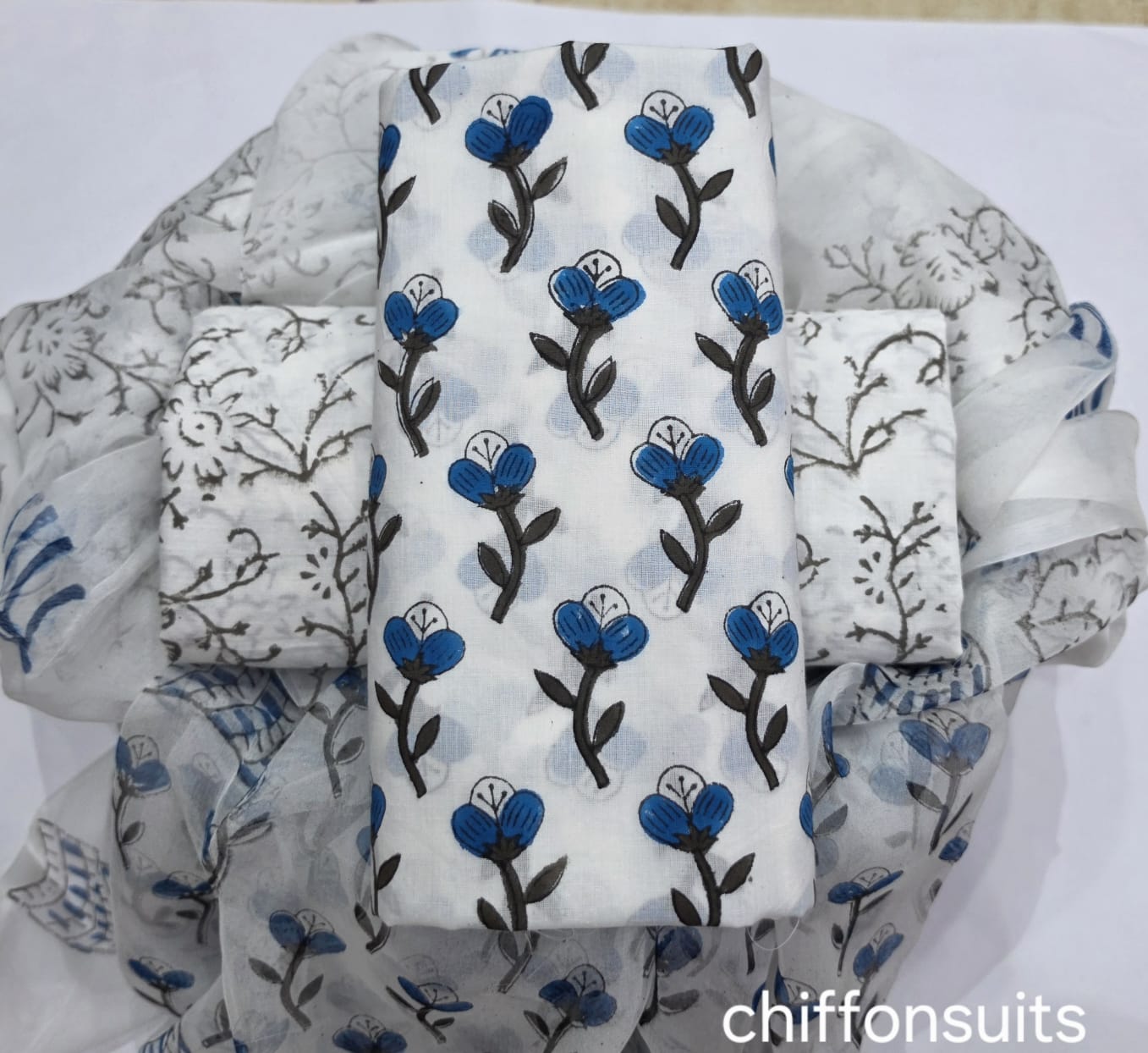 Pure cotton hand-block print suit with Chiffon dupatta