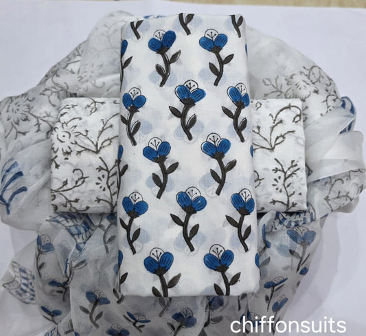 Pure cotton hand-block print suit with Chiffon dupatta