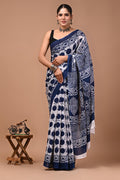 Pure Mulmul Cotton hand block Print Saree with Blouse