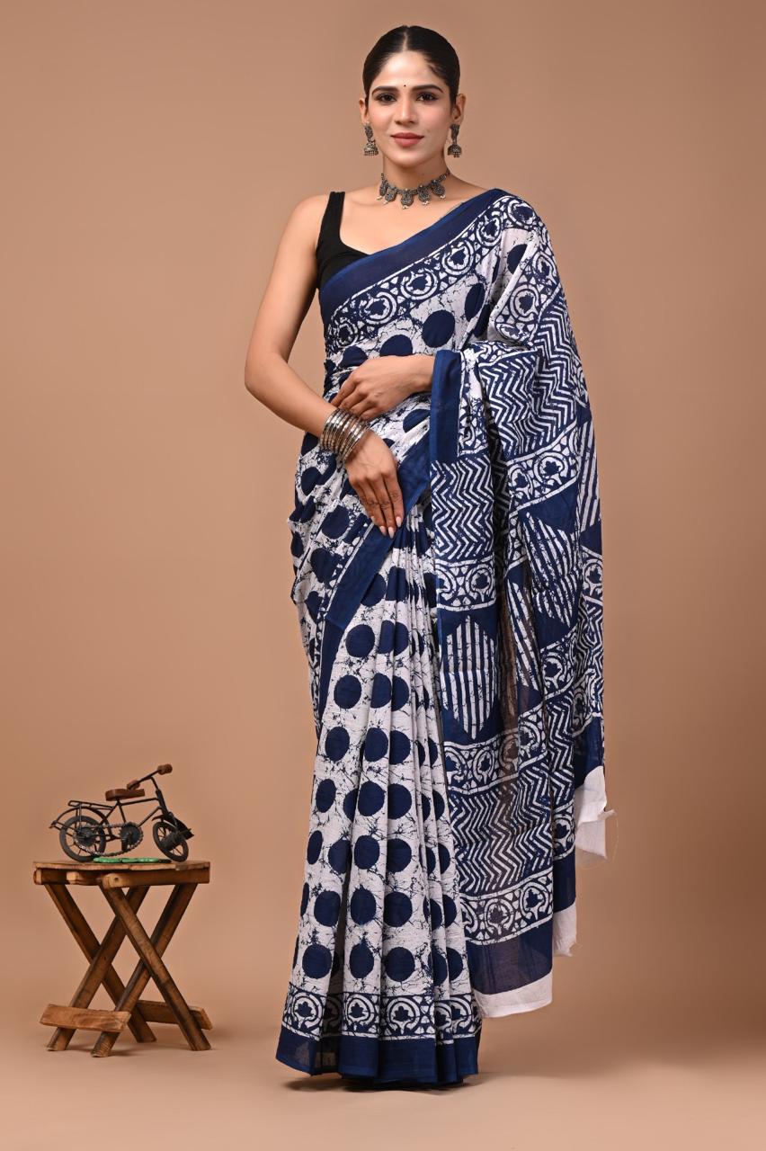 Pure Mulmul Cotton hand block Print Saree with Blouse