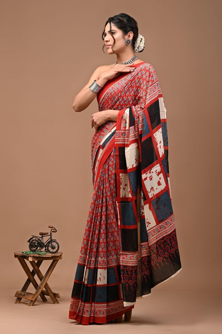 Pure Mulmul Cotton hand block Print Saree with Blouse