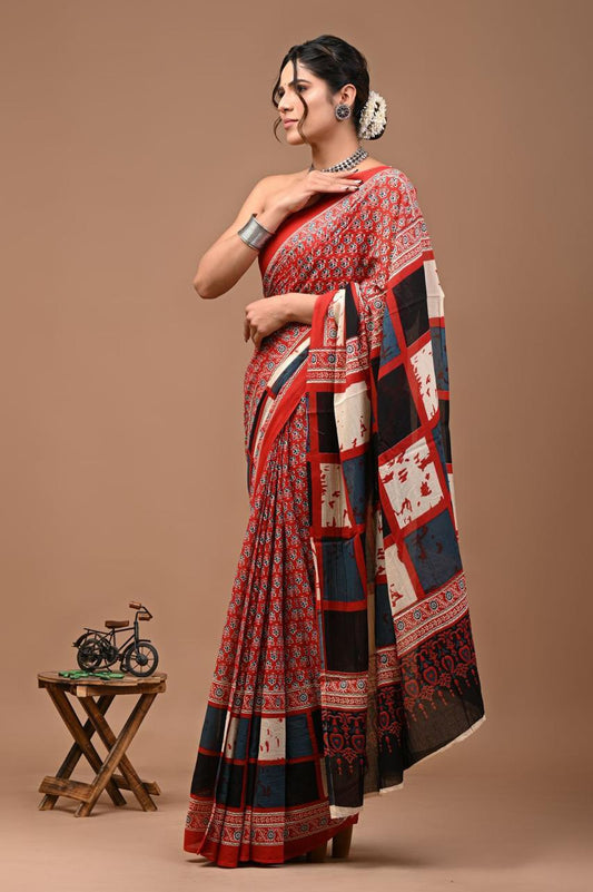 Pure Mulmul Cotton hand block Print Saree with Blouse