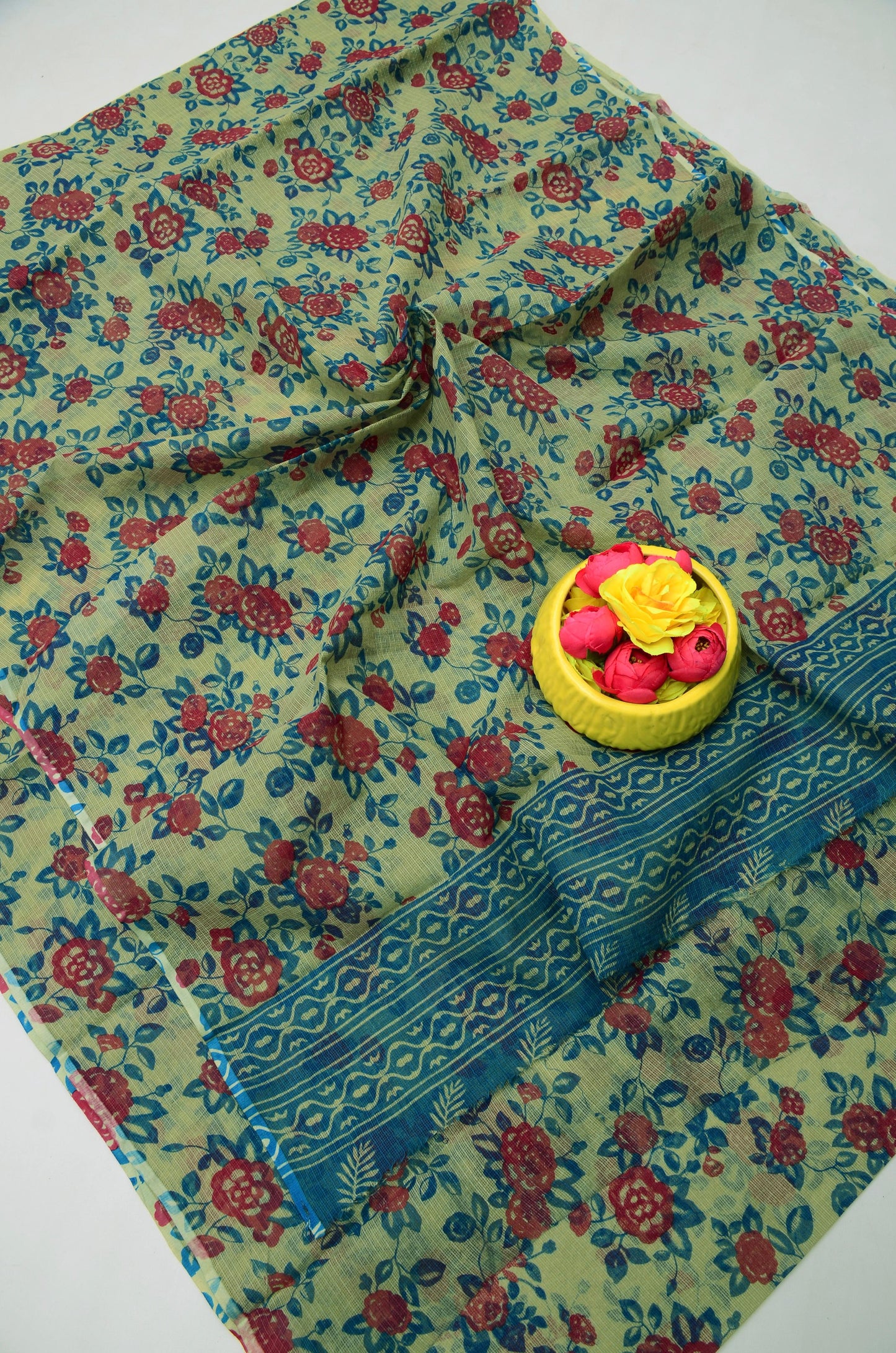 Pure Cotton Kota Doria Kalam Kari Floral Print Saree