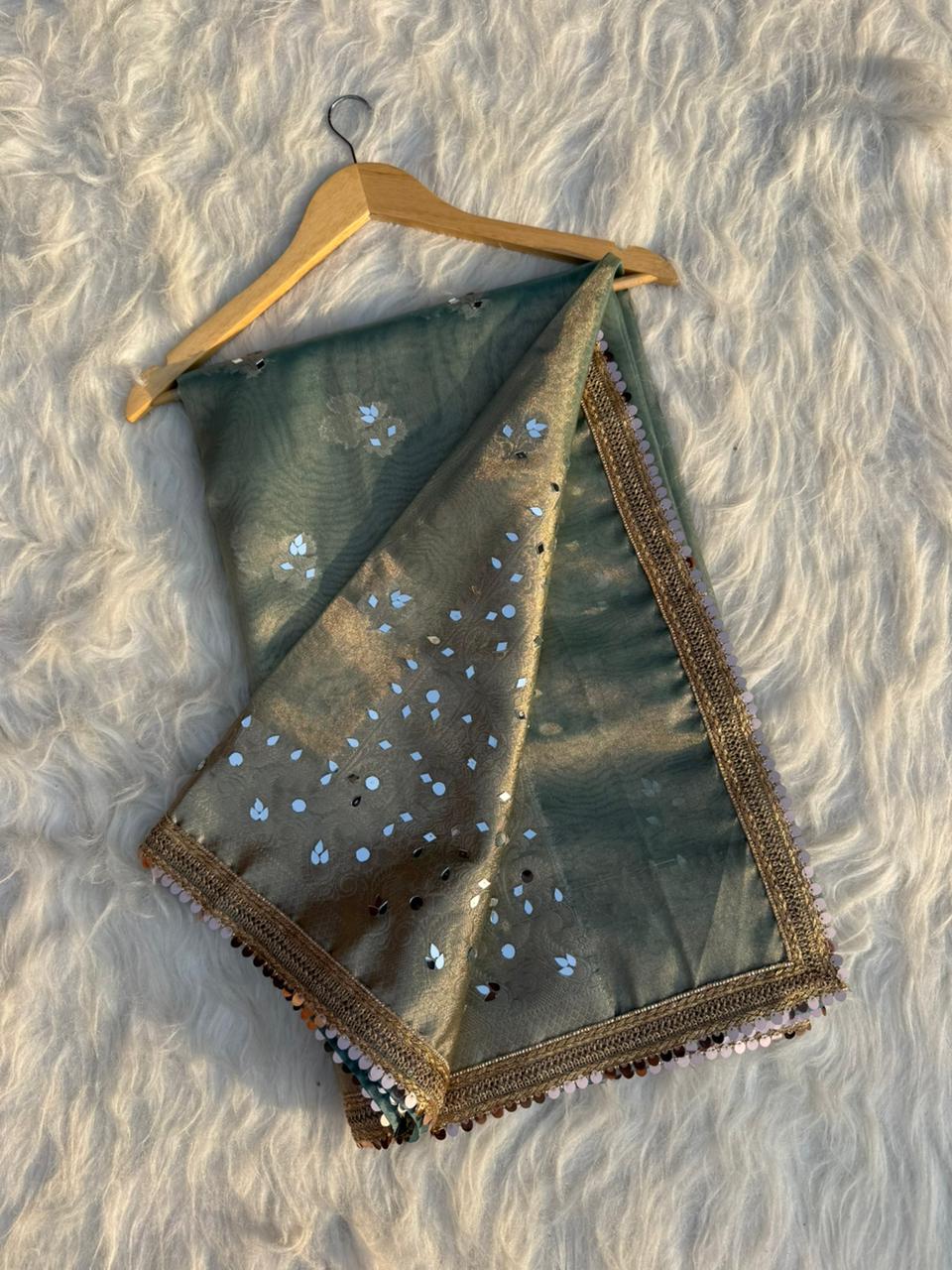 Elegant Tissue Mirror Work Saree with Designer Lace Border