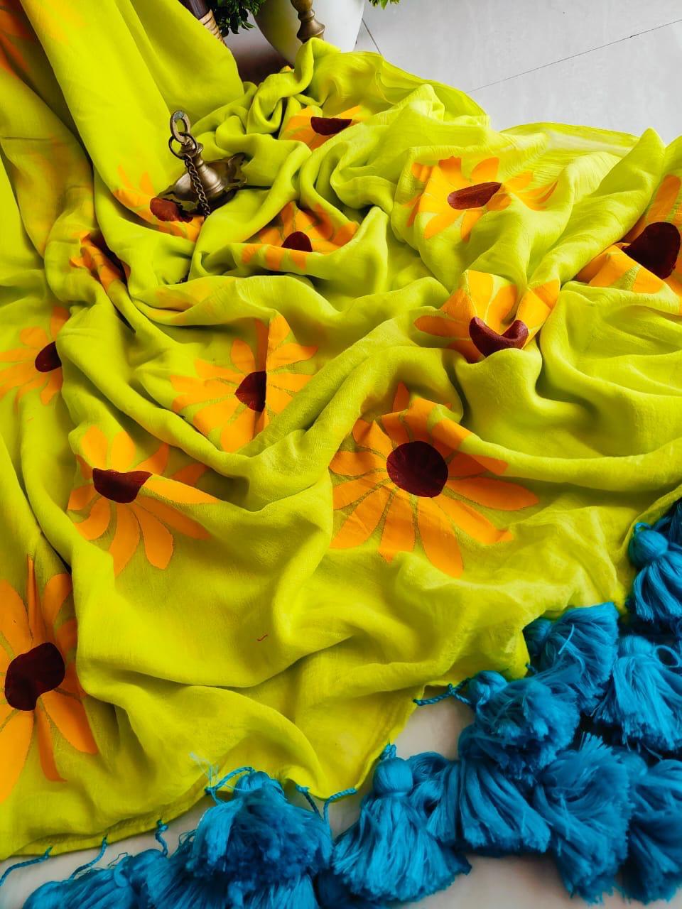 Beautiful Hand-Painted Mulmul Saree