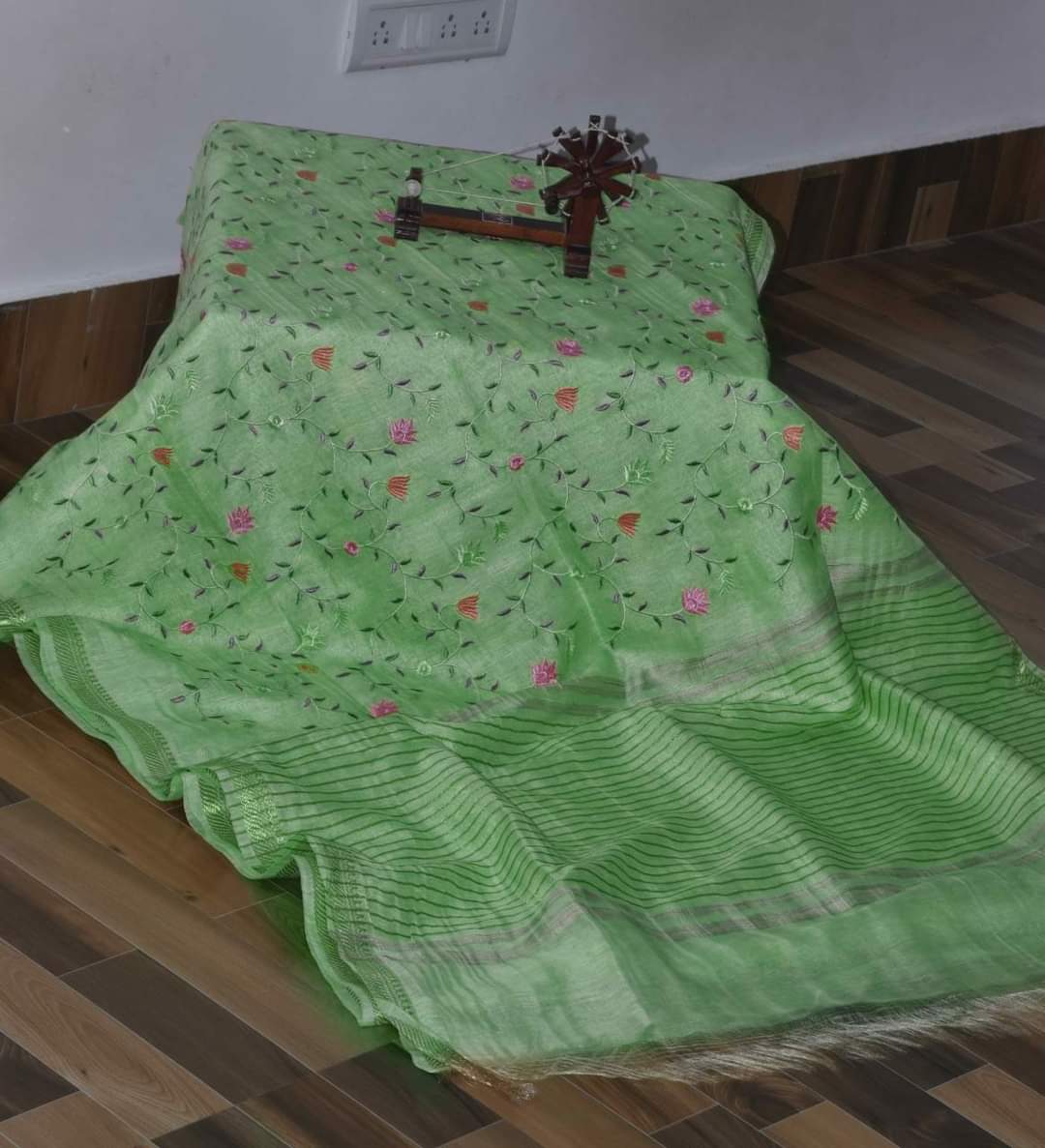 Pure Linen Silk Hand Embroidery Work Saree With Blouse