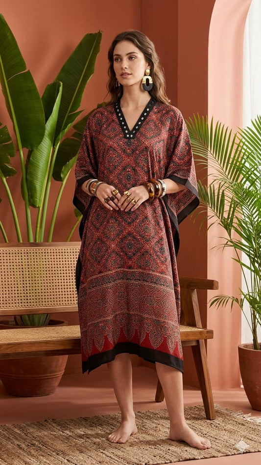 Pure Modal Silk Hand block Printed Kaftans Stitched suit With Hand Mirror Work