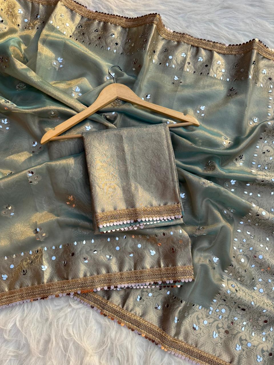 Elegant Tissue Mirror Work Saree with Designer Lace Border