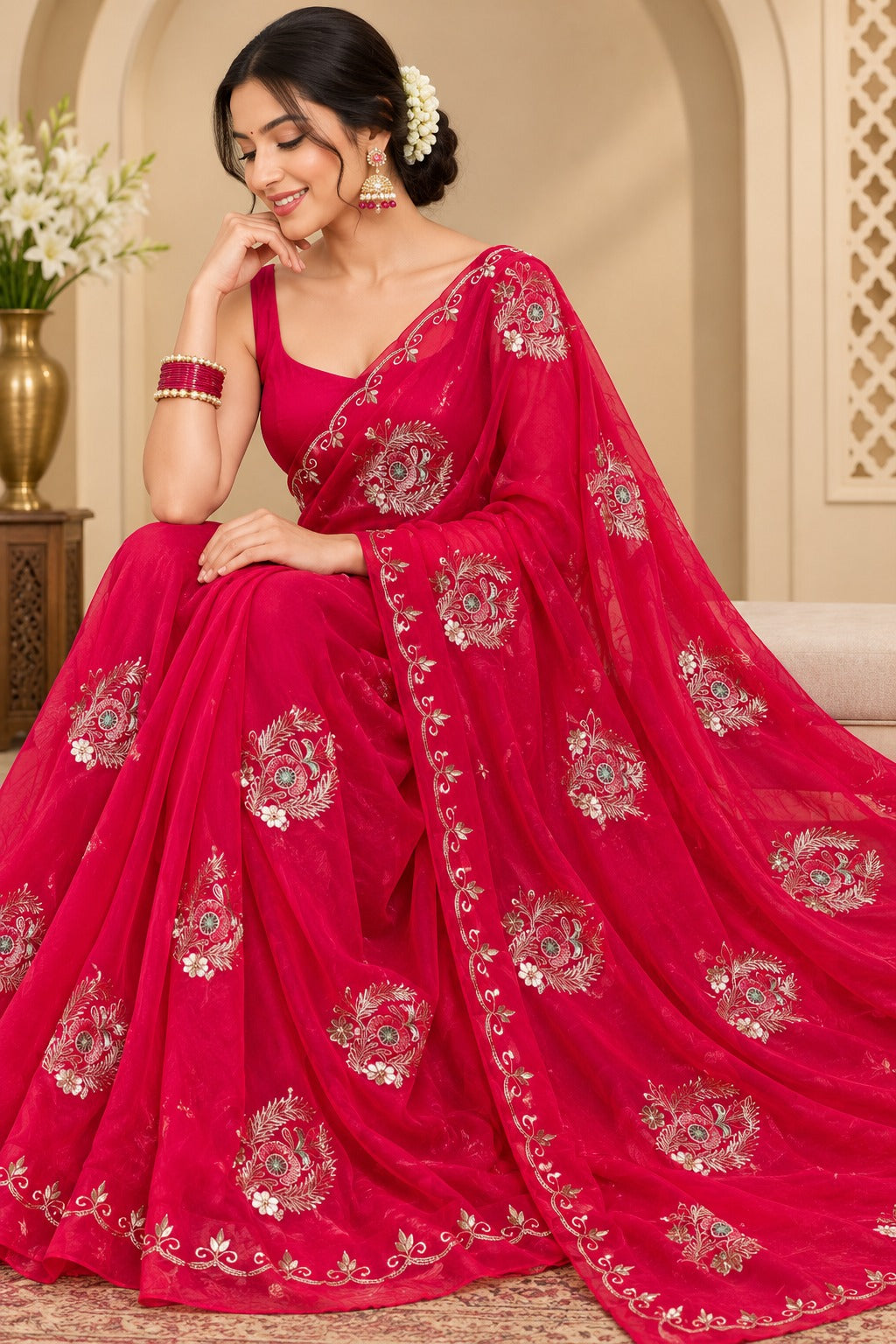 Pure Chiffon Jaipuri Beautiful motif  Work Saree