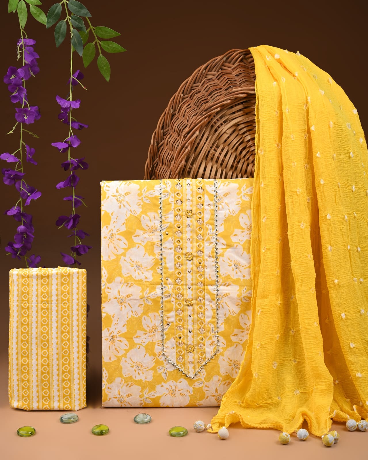 Designer gota patti hand work cotton  unstitched suit with chiffon   dupatta