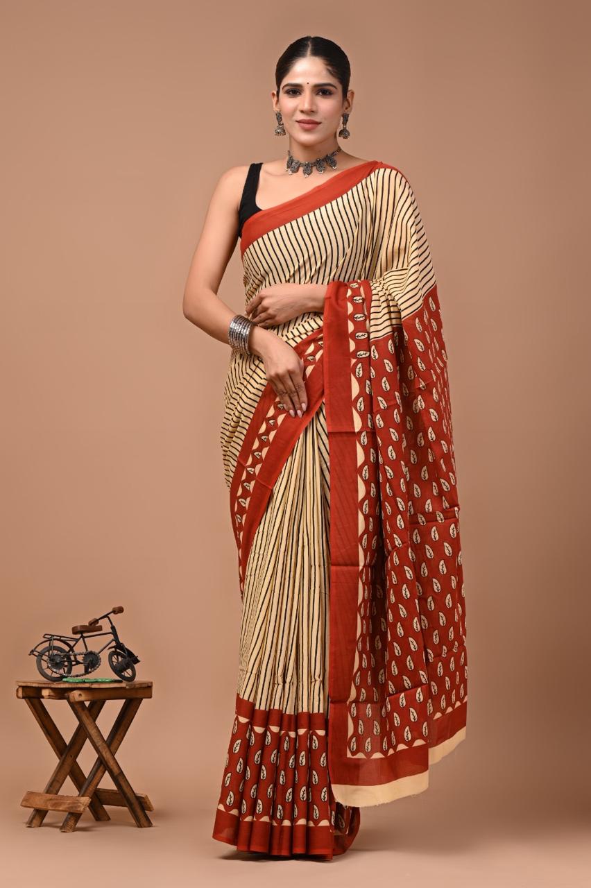 Pure Mulmul Cotton hand block Print Saree with Blouse