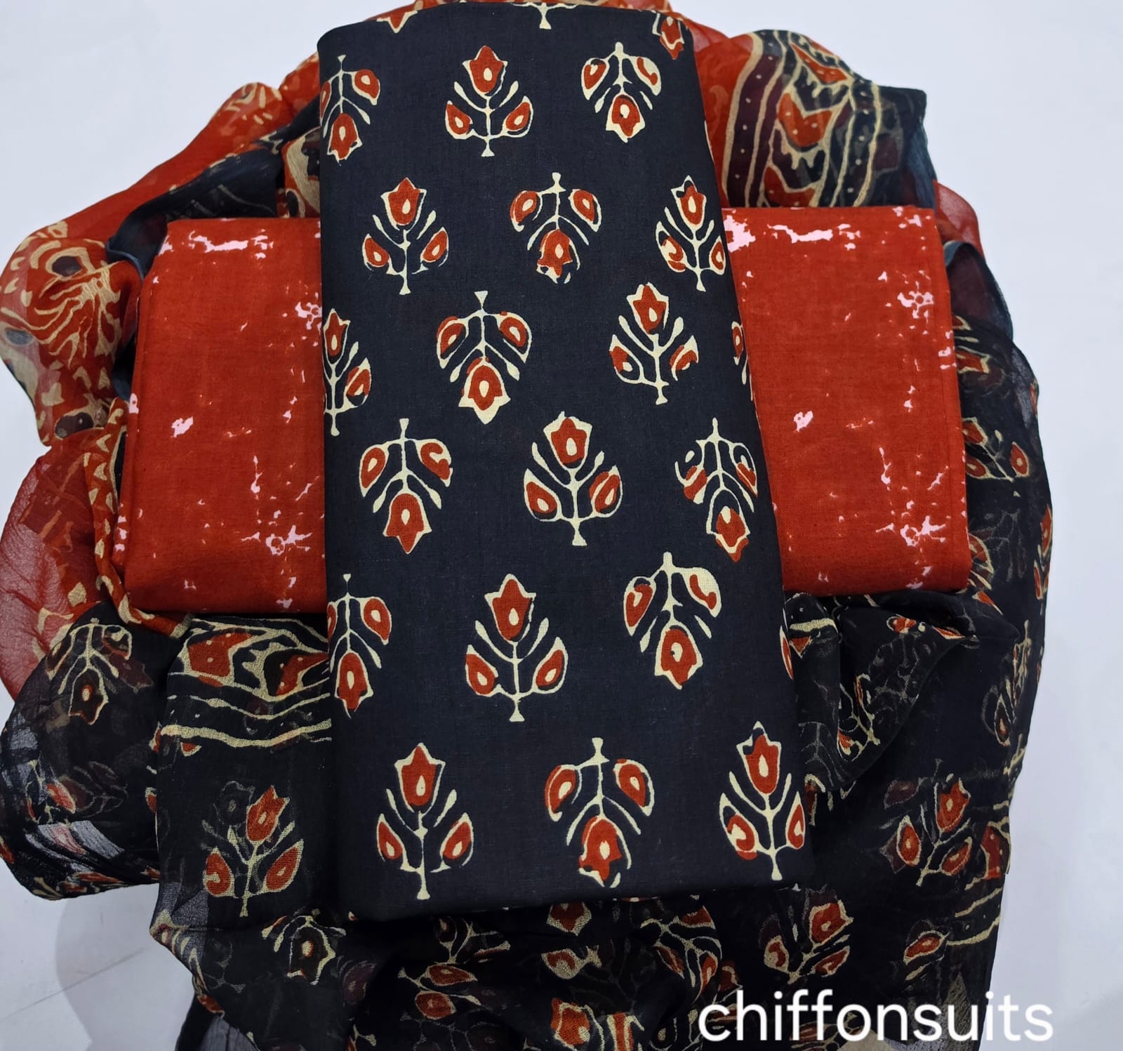 Pure cotton hand-block print suit with Chiffon dupatta