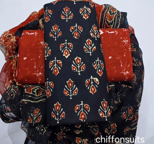 Pure cotton hand-block print suit with Chiffon dupatta