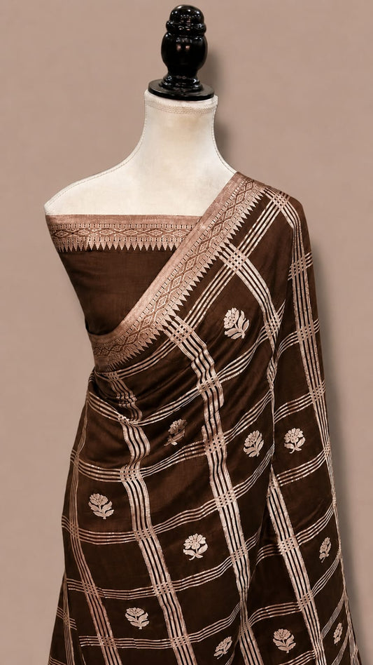 Mango Katan Banarasi Soft Silk Saree with Zari Check Weaving and Floral Boota Work
