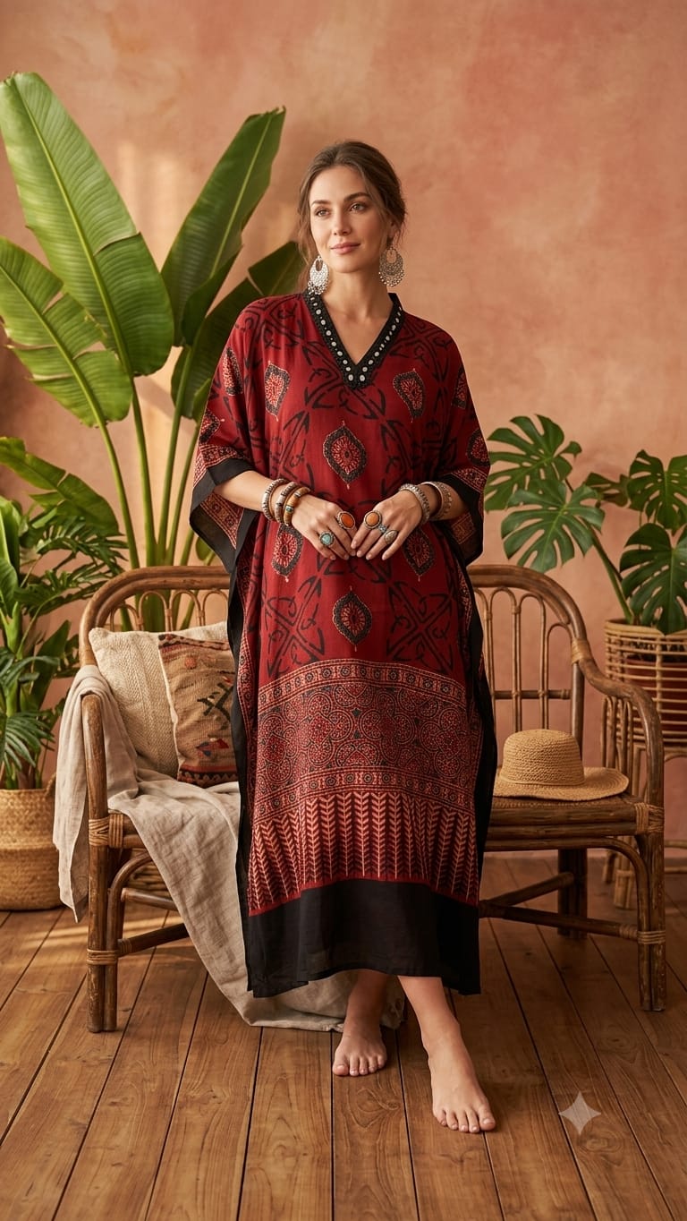 Pure Modal Silk Hand block Printed Kaftans Stitched suit With Hand Mirror Work