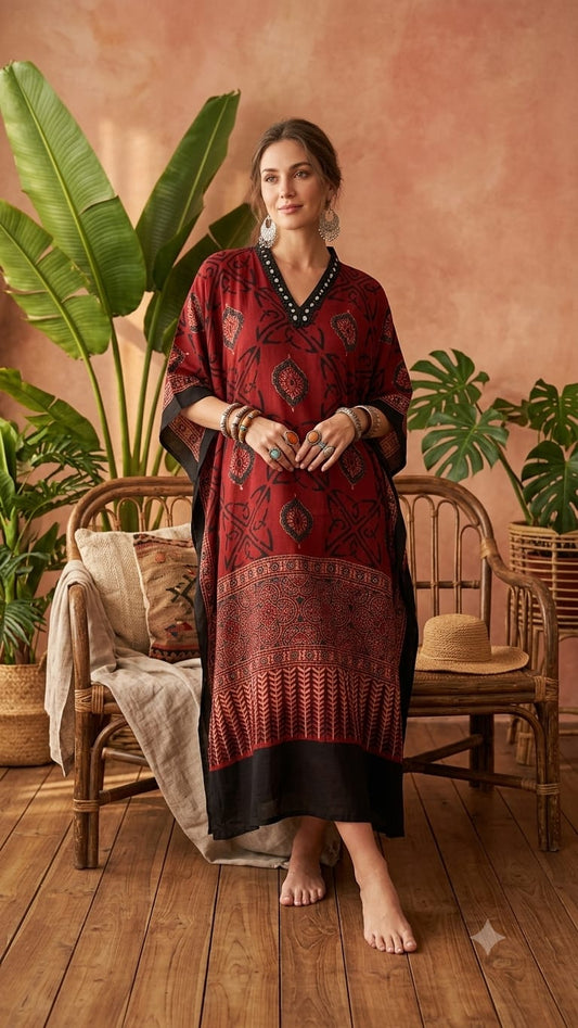 Pure Modal Silk Hand block Printed Kaftans Stitched suit With Hand Mirror Work