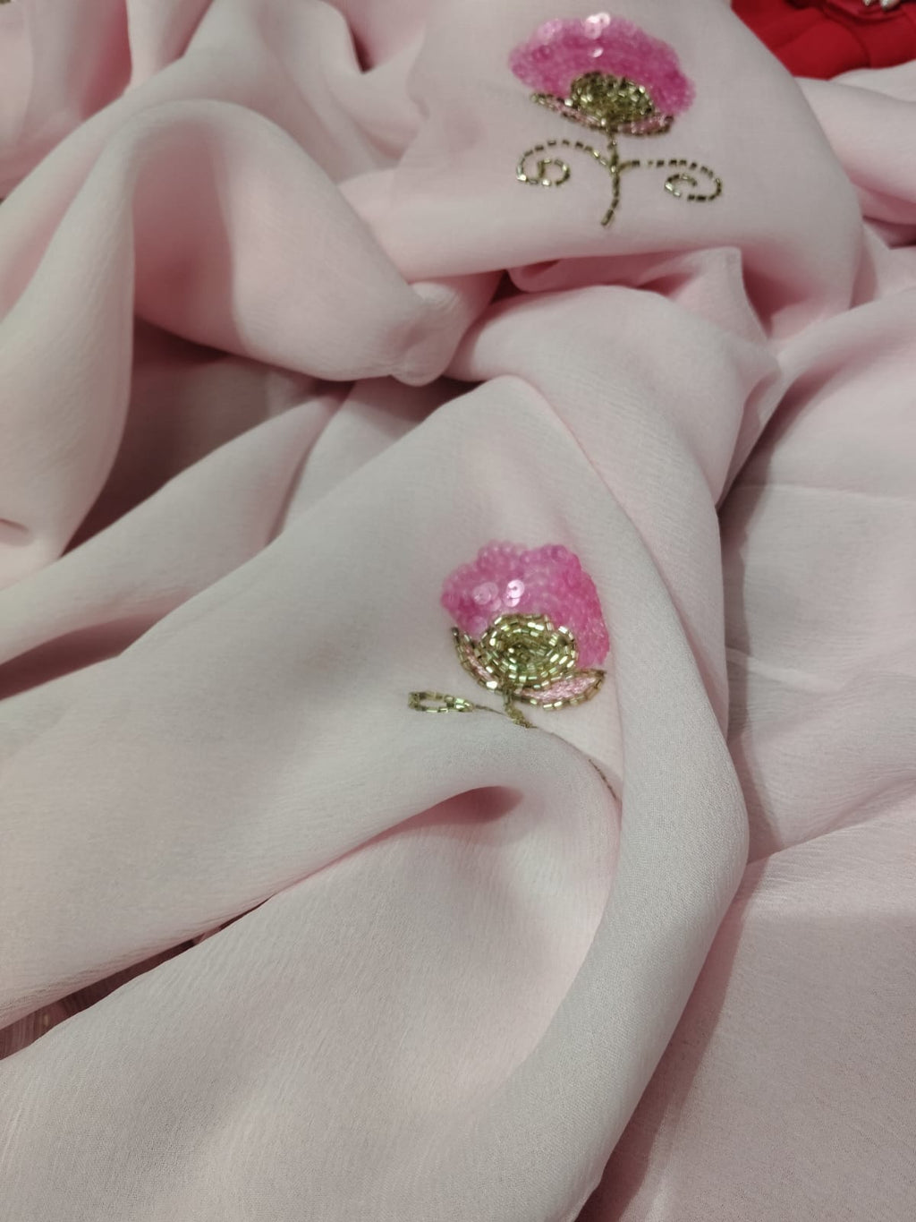Baby pink Color Flower motif design pure jaipuri Chiffon Saree