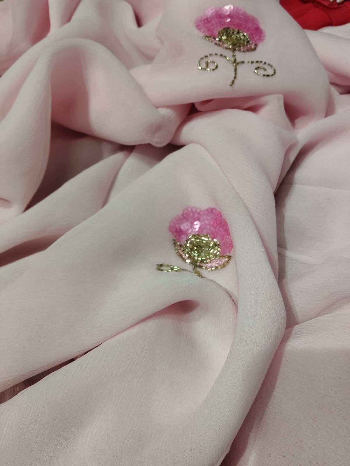 Baby pink Color Flower motif design pure jaipuri Chiffon Saree