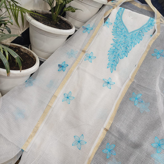 Pure Kota-Doria Unstitched Suit with Embroidery Work