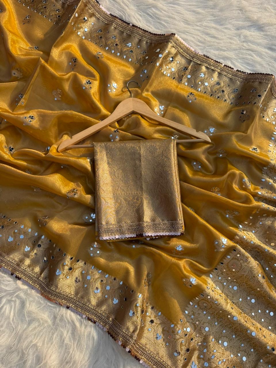 Elegant Tissue Mirror Work Saree with Designer Lace Border