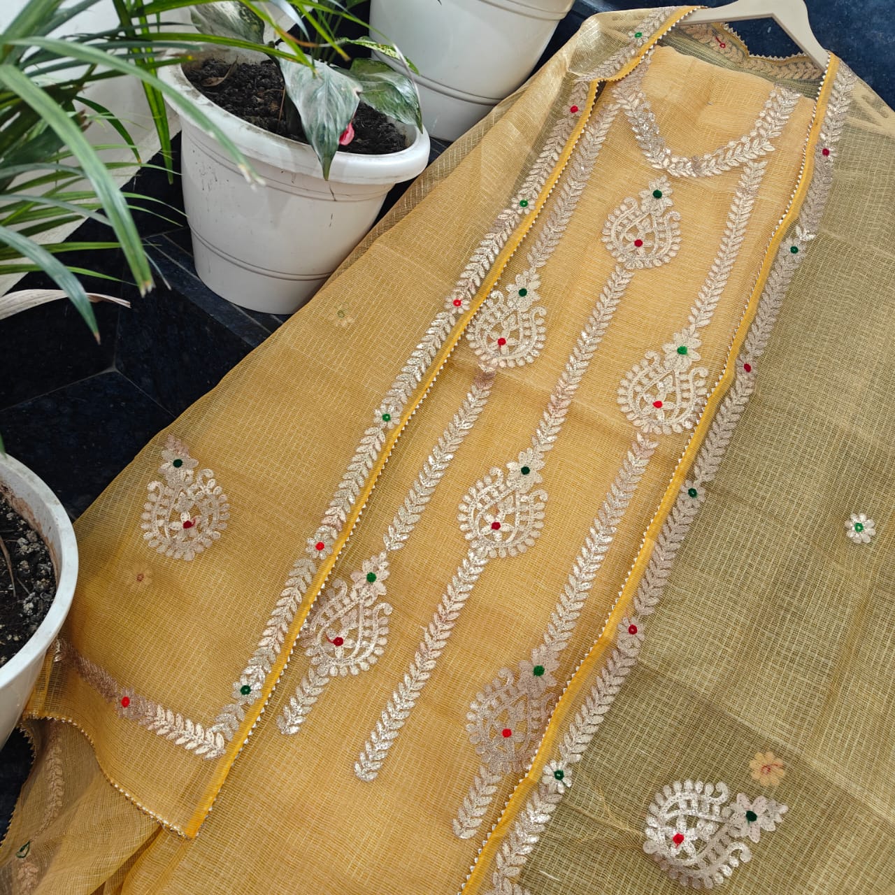 Pure Kota-Doria Unstitched Suit Gota Patti work  Work