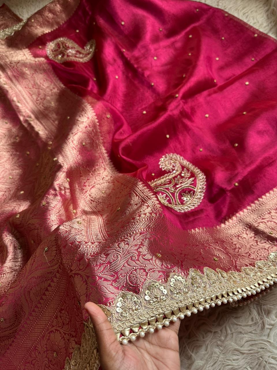 Banarasi Tissue Silk  Hand Work Saree With Heavy Blouse