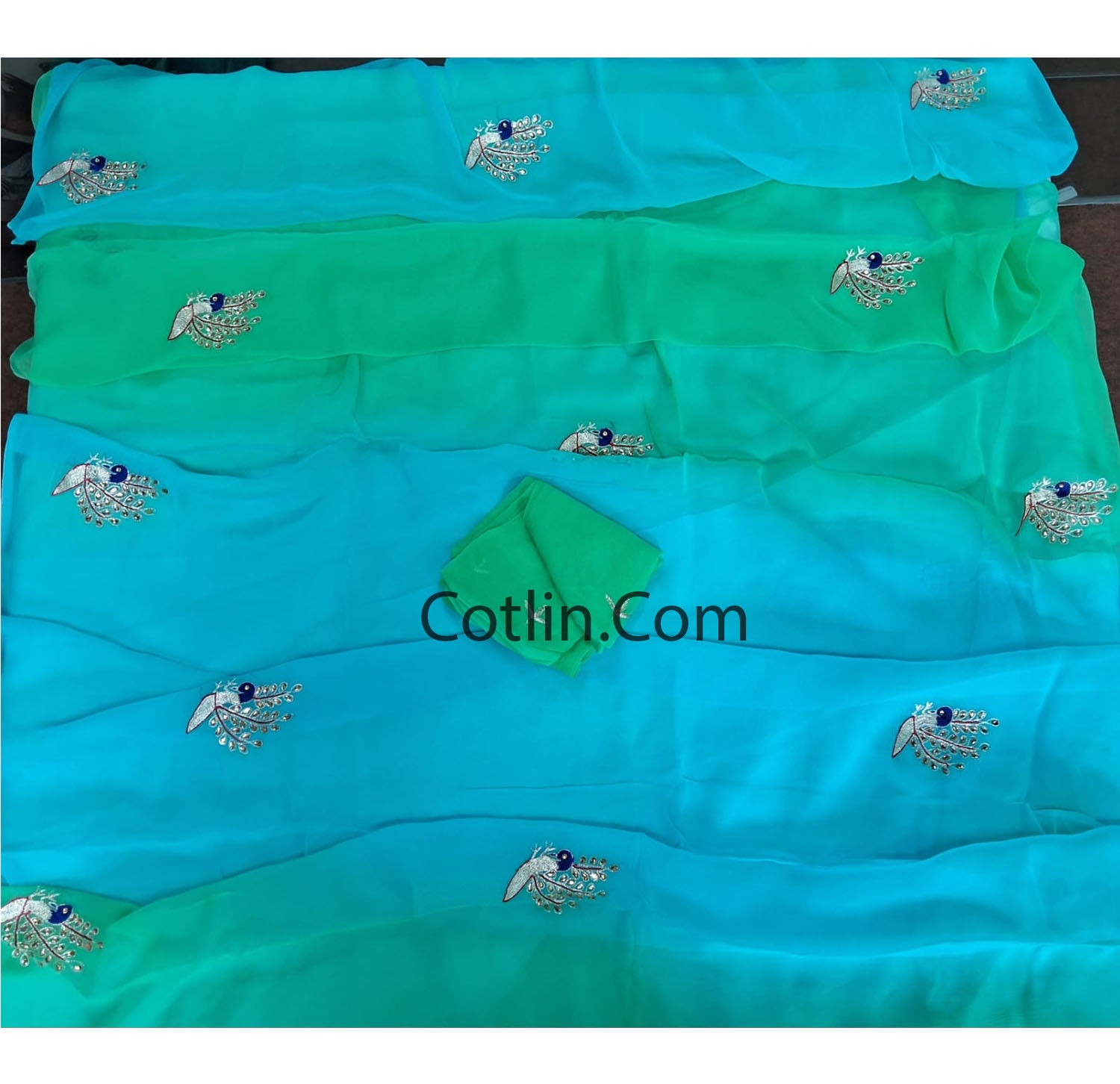 Beautiful Pure Jaipuri Chiffon 13 big Bird motif work Saree with blouse